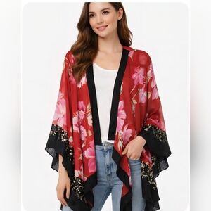 Vintage Violet Kay Asian Inspired Silk Kimono Style Top, Red Floral Black Lace L